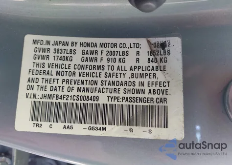 2012 Honda Civic Hybrid z USA, uszkodzony, nr VIN JHMFB4F21CS008409